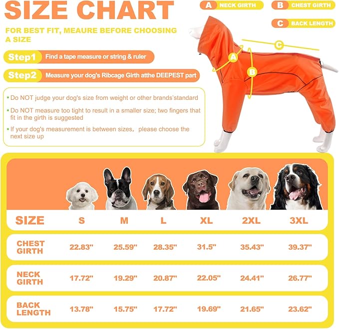 Dog Raincoat, Waterproof Dog Rain Jacket with Removable Hood，Adjustable 4 Legs Pet Poncho with Leash Hole，Reflective Stripe Hooded Snowproof Windproof Clothes for Small to 3X-Large Dogs, XL