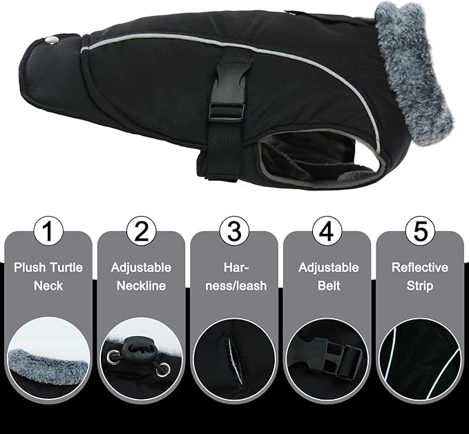 DENTRUN Medium Dog Winter Jacket - Warm Reflective Windproof Coat, Adjustable Neck & Snap Closure, Water Repellent Thick Fleece Vest, Fleece Lined for Beagle Pug, Black, M