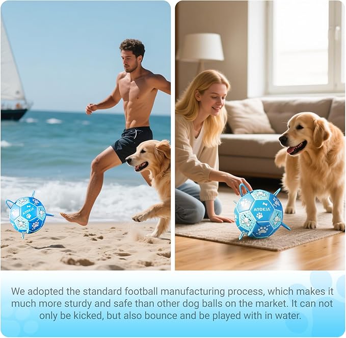Size 3 Blue Dog Soccer Ball with Straps Eye-Catching Bone and Paw Print Design, Ultra-Durable Training Ball for Pets Interactive Outdoor Dog Toy, Perfect for Medium & Large Puppies