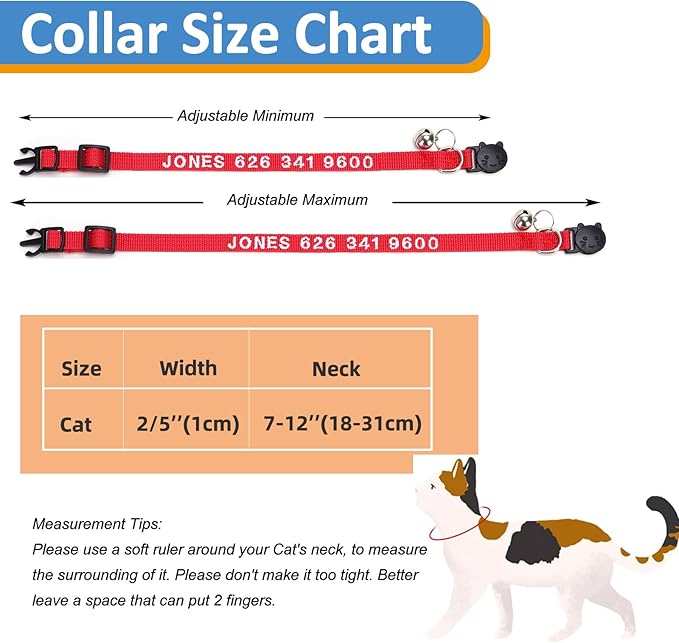 Personalized Cat Collars, Embroidered with Pet Name and Phone Number, Adjustable Nylon Breakaway Safety Release Buckle ID Collar,Custom Text with Bell for Cat or Kitten,Teal