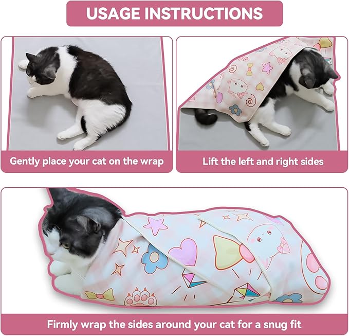 Cat Grooming Wrap for Cutting Nails, 27.6" Anti-Escape Calming Cat Swaddle Wrap for Medicine, Nail Clipping, Teeth Brushing, Ear Cleaning, Self-Adherent Burrito Restraint, (Geometric Fish, L)