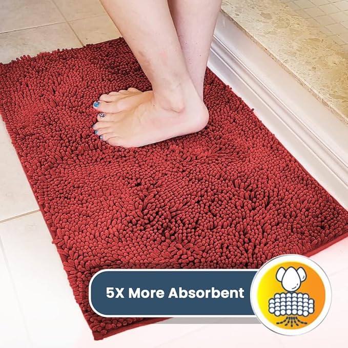 Muddy Mat® AS-SEEN-ON-TV Highly Absorbent Microfiber Door Mat and Pet Rug, Non Slip Thick Washable Area and Bath Mat Soft Chenille for Kitchen Bathroom Bedroom Indoor and Outdoor - Red 24" x 120"