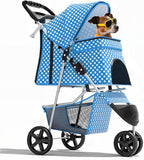 Magshion 3-Wheel Pet Stroller, Foldable Travel Jogger for Small & Medium Dogs & Cats (Up to 33lbs), Lightweight Carrier with Breathable Mesh Cover, Cup Holder & Storage Basket, Sky Blue Polka Dots