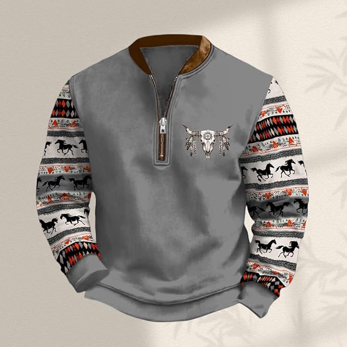 HOTYD Aztec Cowboy Jacket Men Vintage Bullhorn Printed Oversized Western Sweatshirt Long Sleeve Quarter Zip Pullover