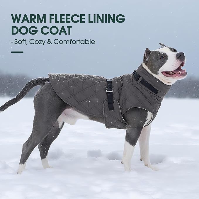 Kuoser Dog Coat Warm Fleece Lining Turtleneck Dog Jacket with Harness Built-in, Adjustable Windproof Cold Weather Coats with Quick Release Buckle Pet Winter Snowsuit for Small Dogs, Grey S