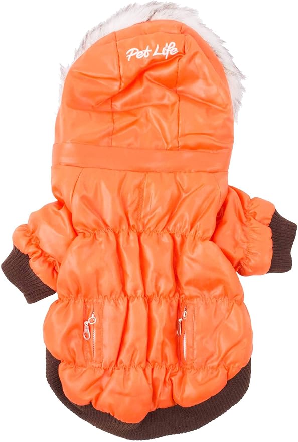 PET LIFE Classic Metallic Fashion Pet Dog Coat Jacket Parka w/ 3M Insulation and Removable Hood, Small, Metallic Orange