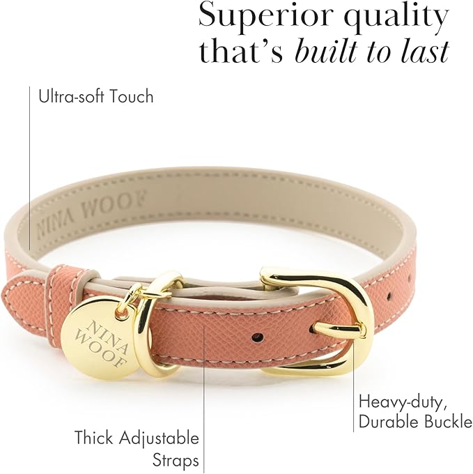 NINA WOOF Rio Padded Luxury Dog Collar - Vegan Leather, Adjustable Buckle - Fits Small to Large Dogs - Peach
