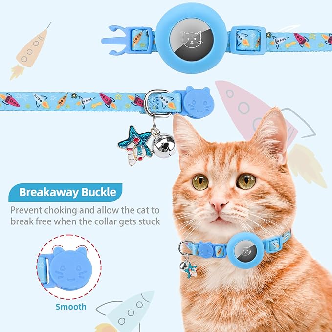 PUPTECK Airtag Cat Collar Breakaway 2 Pack with Bells, Reflective Kitten Collar with Air Tag Holder for Boy Girl Kitty and Puppies, Soft, Blue