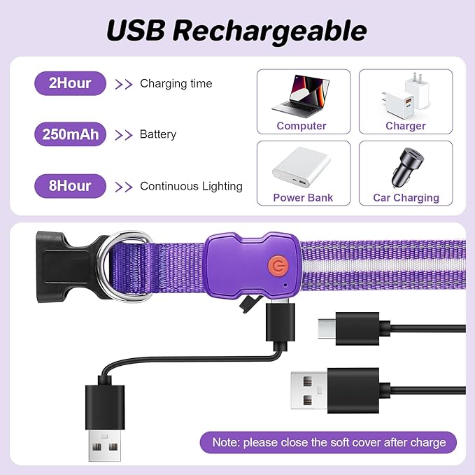PcEoTllar Light Up Dog Collars, Led Dog Collar, Rechargeable, Night Walking, Waterproof, Glow in The Dark Dog Collars Light for Large Small Medium Dogs, Purple l