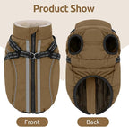 Dog Winter Coat with Harness Built in Warm Puffer Dog Jackets for Small Medium Large Dogs Windproof Waterproof Outfit with Plush Lining and Reflective Stripes (Brown, L)