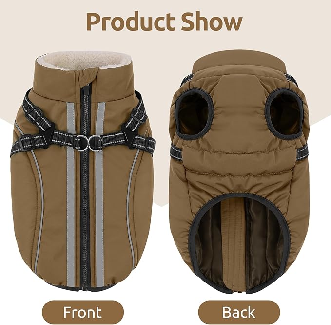 Dog Winter Coat with Harness Built in Warm Puffer Dog Jackets for Small Medium Large Dogs Windproof Waterproof Outfit with Plush Lining and Reflective Stripes (Brown, 2XL)