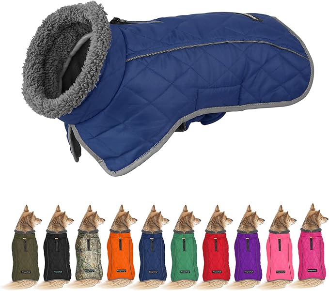 Fragralley Dog Coat Medium, Waterproof Dog Jacket with Warm Fleece Lining, Adjustable Reflective Dogs Winter Coat, Turtleneck Pet Coats for Cold Weather (Blue M)