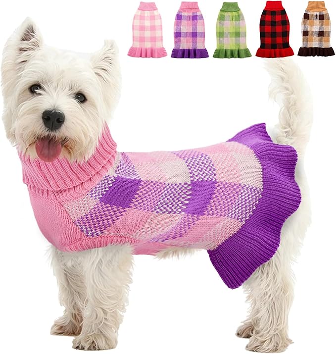Dog Sweater Dress Plaid Knitwear for Small Medium Dogs Warm Puppy Pet Turtleneck Stretch Pullover Cute Fall Winter Vest Clothes with Leash Hole for Christmas (Purple, S)