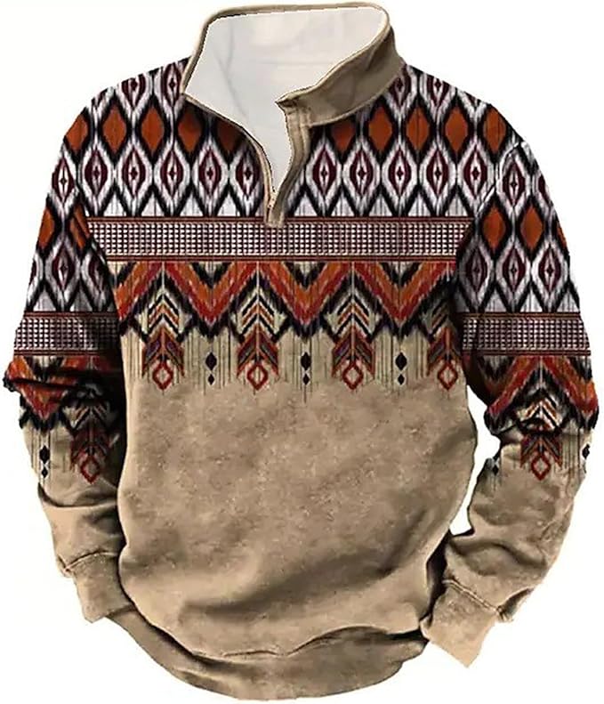 HOTYD Aztec Cowboy Mens Hoodie Vintage Graphic Western Hoodies Casual Long Sleeve 1/4 Zip Pullover Mens Country Jacket