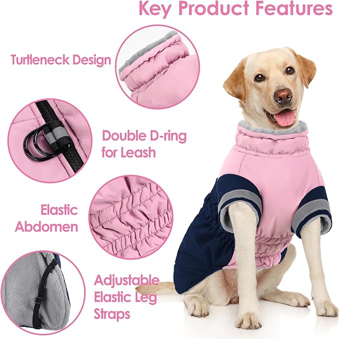 AOFITEE Dog Coat- Two Legged Extra Large Dog Winter Jacket - Zipper Dogs Cold Weather Coat with Harness, Warm Pet Puffer Jackets Reflective Pet Snow Coats for Golden Retriever, Weimaraner, PinkNavy2XL
