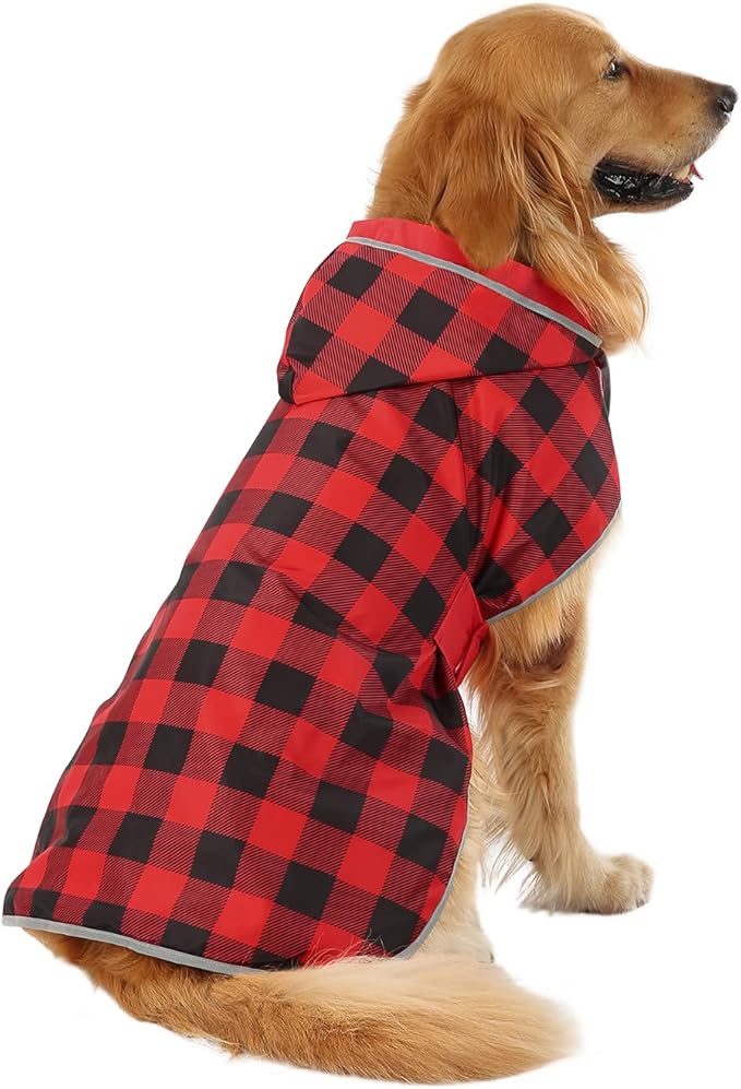 HDE Reversible Dog Raincoat Hooded Slicker Poncho Rain Coat Jacket for Small Medium Large Dogs Buffalo Plaid Red - L