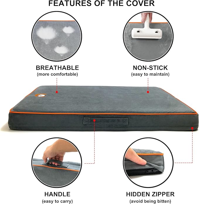 Dog Orthopedic and Crate Beds, Made of Memory and High Resilience Foram, Two-Sided Use, Providing Soft and Relatively Hard Support, with an Extra Inner Waterproof Protector (Gray, Large)