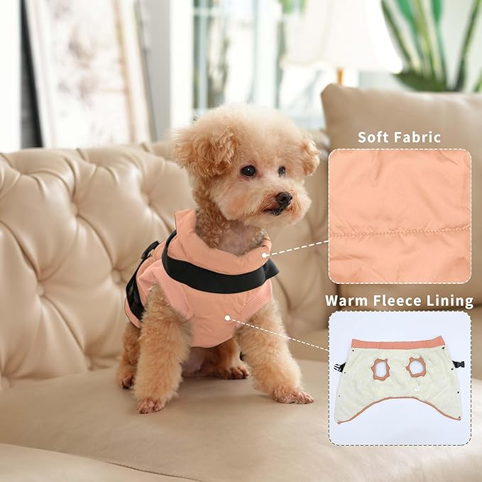 Dog Jacket with Harness,Fleece Lined Warm Puppy Coat for Winter,Soft Windproof Small Dog Vest,LightOrange XS