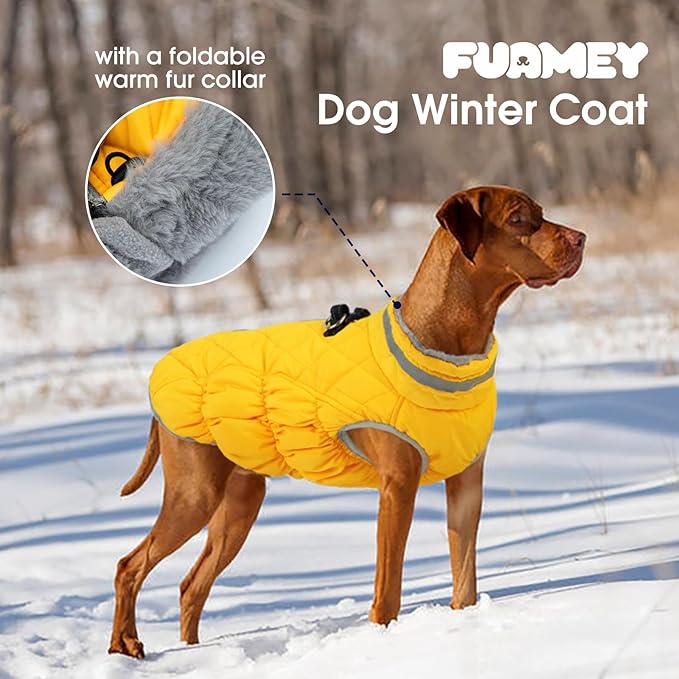 FUAMEY Dog Coat for Small Dogs,Waterproof Dog Winter Jacket with Harness Built in Puppy Cold Weather Coats Reflective Pet Vest with Zipper Warm Fleece Dogs Snowsuit Windproof Yellow S