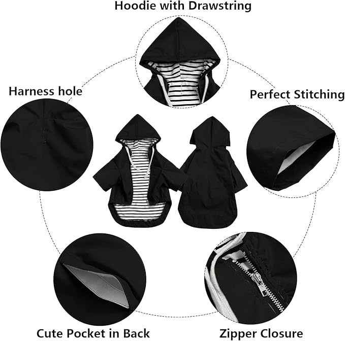 Dog Raincoat rain Jacket Raincoat Dogs Waterproof Small Medium Breeds Zip Closure Storage Pocket Harness Hole Black XXL