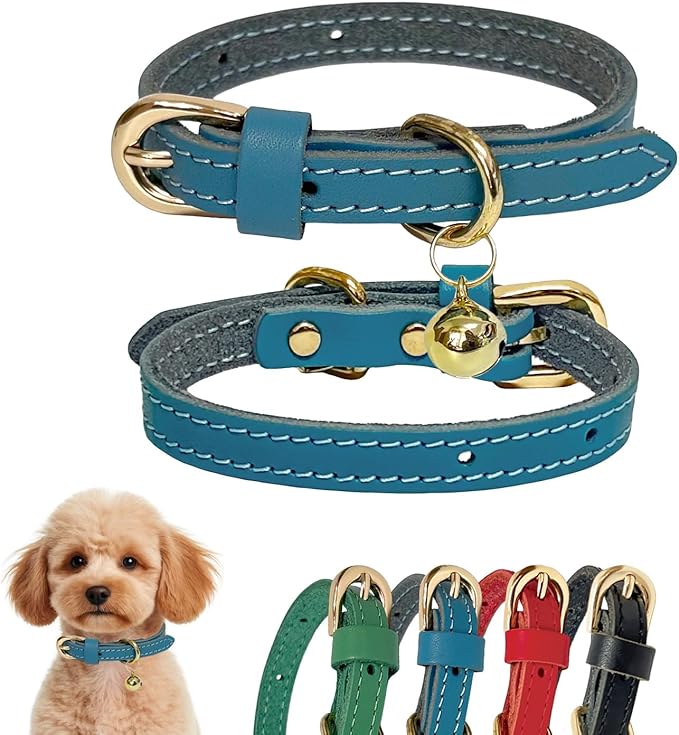 Guiding Star Leather Collar for Puppy, Cute Soft Thin Dogs Collars for Small Medium Dogs, Cat Collar with Bell (Blue, XS, 9"-12")