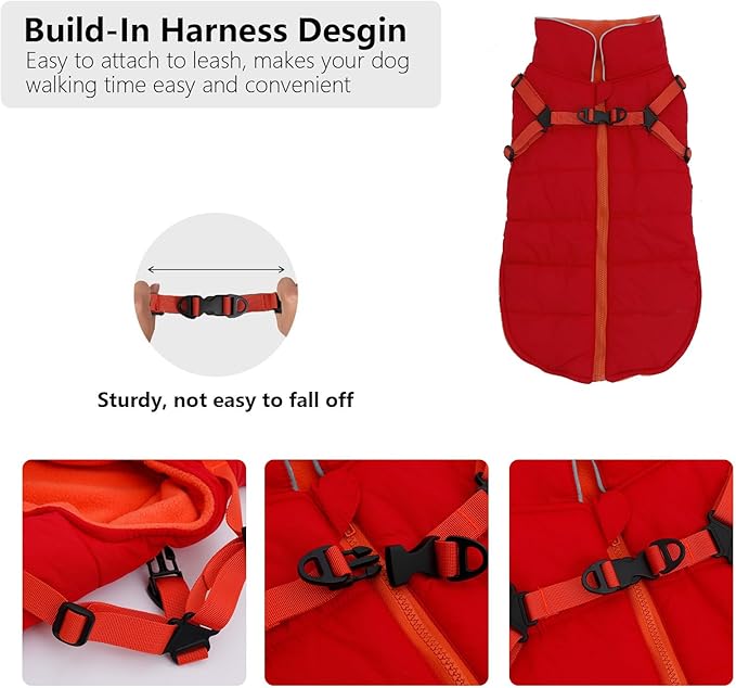 Geyecete Winter Warm Coat Waterproof Dog Winter Jacket with Harness Traction Belt,Windproof Pet Outdoor Jacket Dog Autumn-Red-XL