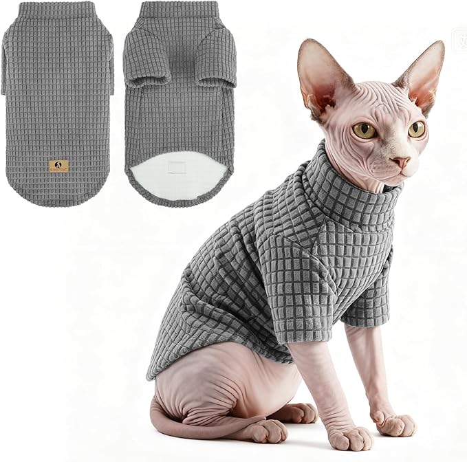 KOOLTAIL Cat Sweater for Sphynx - Soft Fleece Sweaters for Cats Only, Elastic Pet Clothes with Sleeves, Thick Winter Warm Cold Weather Apparel for Hairless Cat, Puppy Pajamas for Small Dogs, Grey L