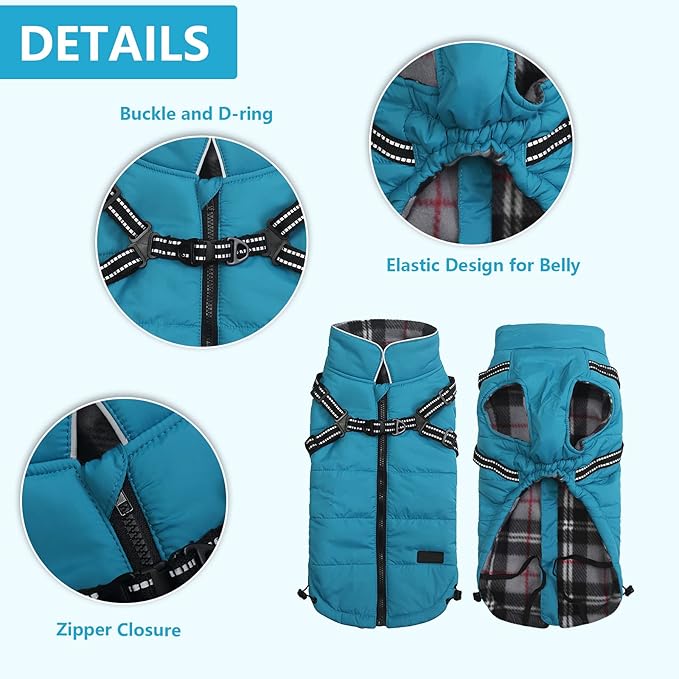 Geyecete Winter Warm Coat Waterproof Dog Winter Jacket with Harness Traction Belt,Pet Outdoor Jacket Dog Autumn and Winter Clothes for Medium, Small Dog-Blue-XL