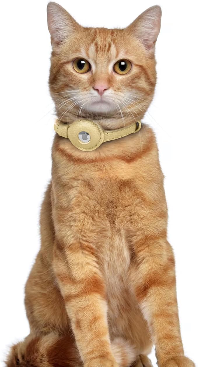 OOPSDOGGY Leather AirTag Cat Collar with Bell - Non Breakaway Kitten Collar with Apple Air Tag Holder - Lightweight GPS Pet Collars for Girl Boy Cats, Small Dogs, Puppies (Beige)