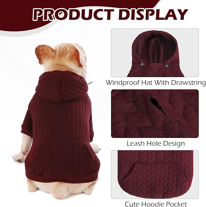 EXPAWLORER Textured Cable Knit Basic Dog Hoodie, Elevated Style Dog Sweater with Leash Hole and Pocket, Soft and Warm Pet Winter Coat, Cold Weather Clothes for Small Medium Large Dogs,Wine Red S