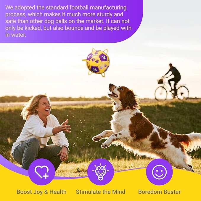 Size 3 Dog Soccer Ball with Straps Durable Training Ball for Pets Interactive Outdoor Dog Toy,Yellow & Purple, Paw and Puppy Design, for Medium & Large Puppie