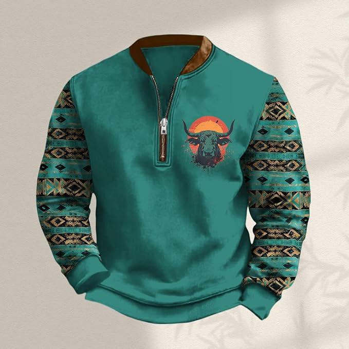 HOTYD Aztec Cowboy Jacket Men Vintage Bullhorn Printed Oversized Western Sweatshirt Long Sleeve Quarter Zip Pullover