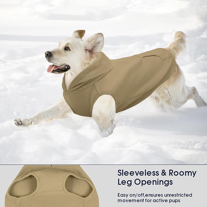 IECOii Dog Hoodie for Medium Dogs, Warm Fleece Dog Hoodies Sweater with Leash Hole and Pocket, Cozy Dogs Cold Weather Coat for Fall Winter Hooded Sweatshirt Vest for French Bulldog, Khaki, L