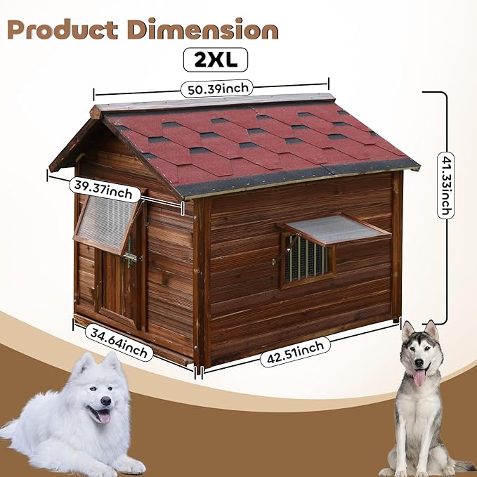 Durable Weatherproof Pine Wood Dog House Outdoor for Small to Large Sized Dogs,Luxury Outdoor Dog Kennel Shelter with Elevated Floor,Lockable Door,Adjust Windows,Easy to Clean,Easy to Assemble