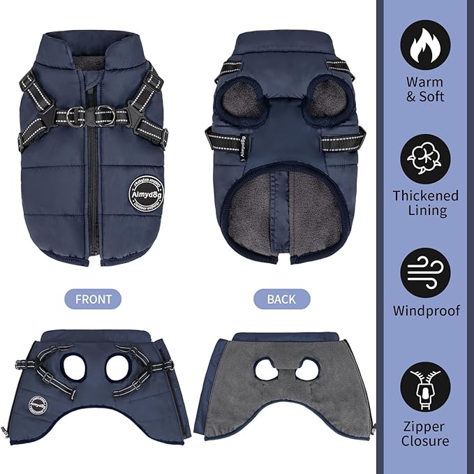 Warm Winter Coat, Cold Weather Jacket with Built-in Harness, Reflective & Adjustable Comfortable Pet Vest, Waterproof Windproof for Small Dogs (Navy)