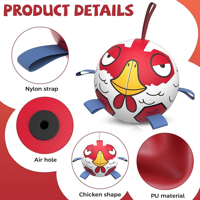 Qdan Chicken Dog Soccer Balls with Straps, Durable Dog Toys for Tug of War, Birthday Gift, Water Toy (8 Inch)