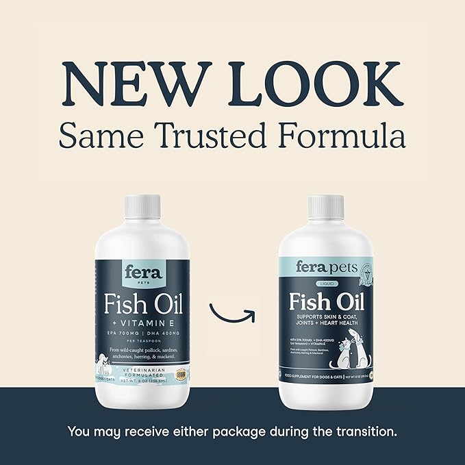 Fera Pets Fish Oil - Omega 3 for Dogs & Cats to Support Joints, Heart, Skin and Coat Health - Non GMO with Vitamin E - 8 oz