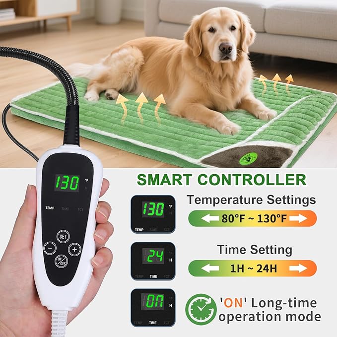 Heated Dog Bed 32x20x2 in,Equipped with MET/UL Dual Certified Heating Pad and Intelligent Controller,Thickened Memory Sponge+100% Plush Heated Pet Bed,Indoor Puppy Bed with Side Pillows