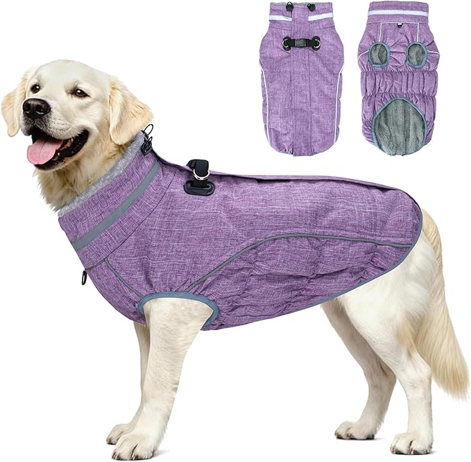 Malier Dog Coat, Reflective Dog Jacket Waterproof Windproof Puppy Cold Weather Coats with Harness Built in, Winter Extra Warm Pet Coat Fleece Vest for Small Large Pets and Puppy (Purple, X-Small)