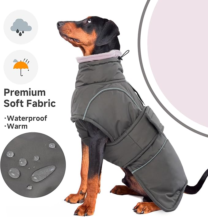 Dog Winter Coat for Small to Large Dogs(XS-XXXL)– Waterproof Windproof Fleece Lined Jacket with Reflective Trim,Pet Vest with Adjustable Buckles, Machine Washable Grey M