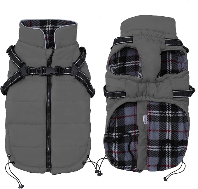 Geyecete Winter Warm Coat Waterproof Dog Winter Jacket with Harness Traction Belt,Pet Outdoor Jacket Dog Autumn and Winter Clothes for Medium, Small Dog-Gray-M