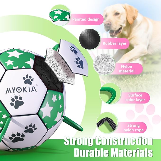 Size 3 Interactive Dog Football with Strap, White & Green, Eye-Catching Star and Paw Print Design, Ideal Outdoor Training Pet Toy, Perfect Choice for Medium & Large Dogs' Playtime