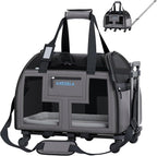 Katziela Airline Approved Pet Carrier - Rolling Portable Travel Carry Crate for Small Dog, Puppy or Cat - Soft Removable Wheeled Design with Mesh Window Sides - Airplane and TSA Compliant (Dark Grey)