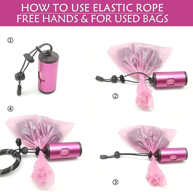 Metal Dog Poop Bag Holder Aluminum Dispenser for Leashes, Hiking & Travel, Lightweight Scratch-Resistant with 3 Attachments and 195 Bags (Pink, 1 Holder 15 Bags)
