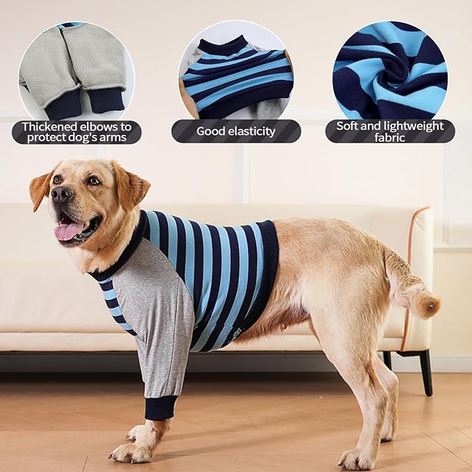 FUAMEY Dog Recovery Sleeve with Elbow Protector,Dogs Shirt Stop Licking Joints,Pet Long Sleeve Suit Protecting Dog's Front Leg Arm Wounds Cover Skin Conditions Blue Stripe XL