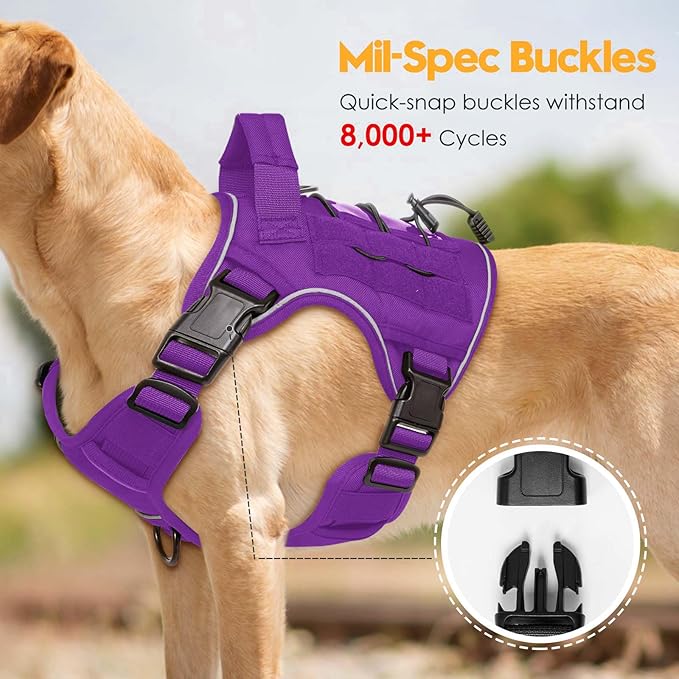 Heavy-Duty Tactical Dog Harness for Large Dogs, No Pull Adjustable Reflective Pet Vest with Molle System, K9 Military-Grade Control for Service Training, Outdoor & 10+ Breeds, Purple, Small