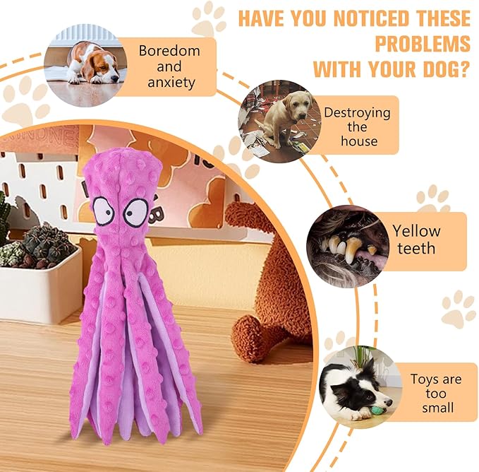 Dog Squeaky Toys Octopus, No Stuffing Plush Toys, Squeaky Octopus Dog Toy - Durable Plush for Puppies, Interactive Dogs Toys for Aggressive Chewers (Purple+Blue)