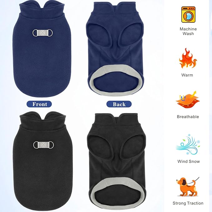 Idepet 2 Pack Dog Fleece Vest Sweater Warm Pullover Jacket with D-Ring Leash Reflective Winter Coat Hoodie for French Bulldog Pug Chihuahuas Yorkies Dachshunds(Black&Blue,Large-French Bulldog)