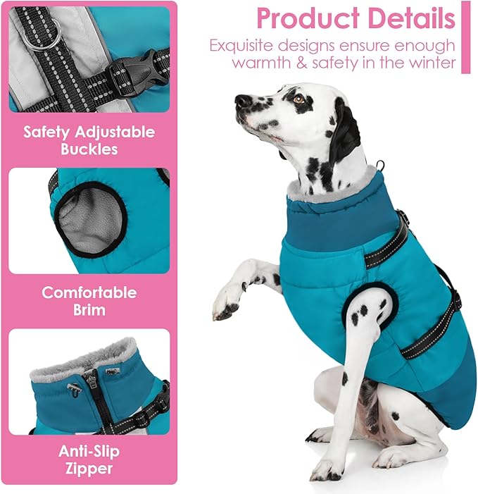 AOFITEE Dog Coat, Warm Dog Jacket with Harness Built-in, Waterproof Medium Dogs Cold Weather Coat with Zipper, Reflective Fleece Lined Pet Snow Jackets for Pug, Jack Russell, Boston Terrier, M