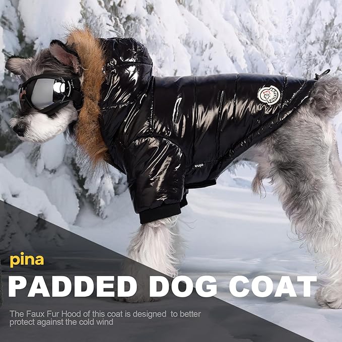 PINA Dog Winter Coat with Faux Fur Hood, Windproof and Warm, Suitable for Small to Large Dogs, Black, XL